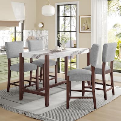 5-Piece Counter Height Dining Table Set, Faux Marble Bar Table and 4 Upholstered-Seat Chairs