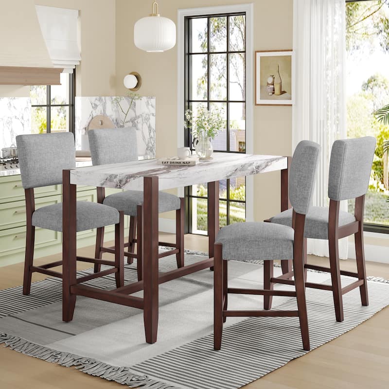 Mid-century 5-Piece Counter Height Dining Table Set, Faux Marble Table and 4 Upholstered Chairs - White+gray