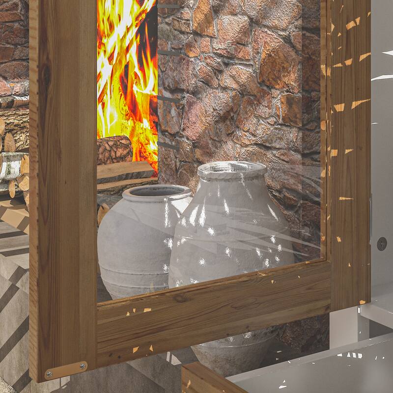 Boho Wood & MDF Display Cabinet with Tempered Glass Doors, Carved Arch Frame & Metal Handle Drawer