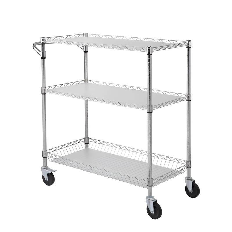Silver Chrome 3-Tier Utility Cart Rolling Cart with Wheels and Adjustable Shelves - 35" L x 18" W x 40.9" H