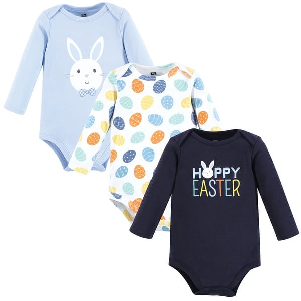 slide 1 of 1, Hudson Baby Cotton Long-Sleeve Bodysuits, Hoppy Easter 0-3 Months - Hoppy Easter