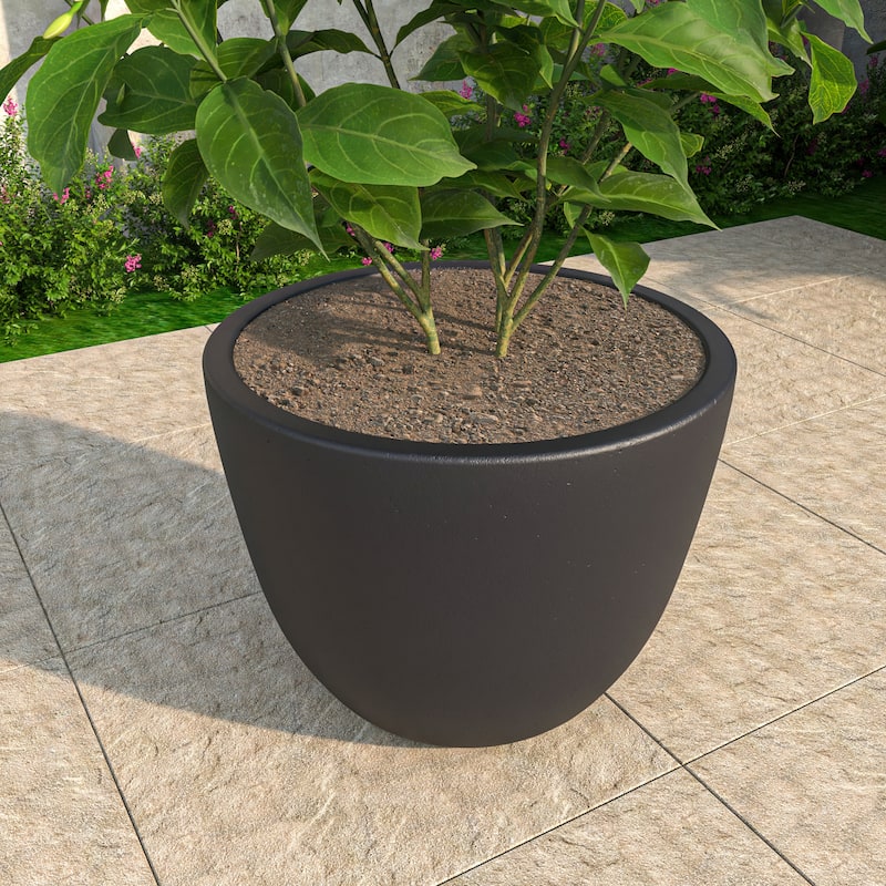 Dahlia Tapered Round Planter Pot in Fiberstone MGO Clay with Drainage for Indoor Outdoor Patio Balcony, Garden, or Living Room - Large - Black