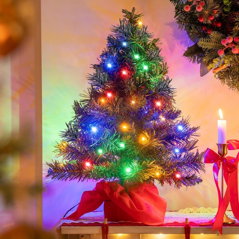 Joyfy 2-ft Tabletop Christmas Tree with Multi-Color LED Lights, Pre-lit Artificial Xmas Decorations - Green
