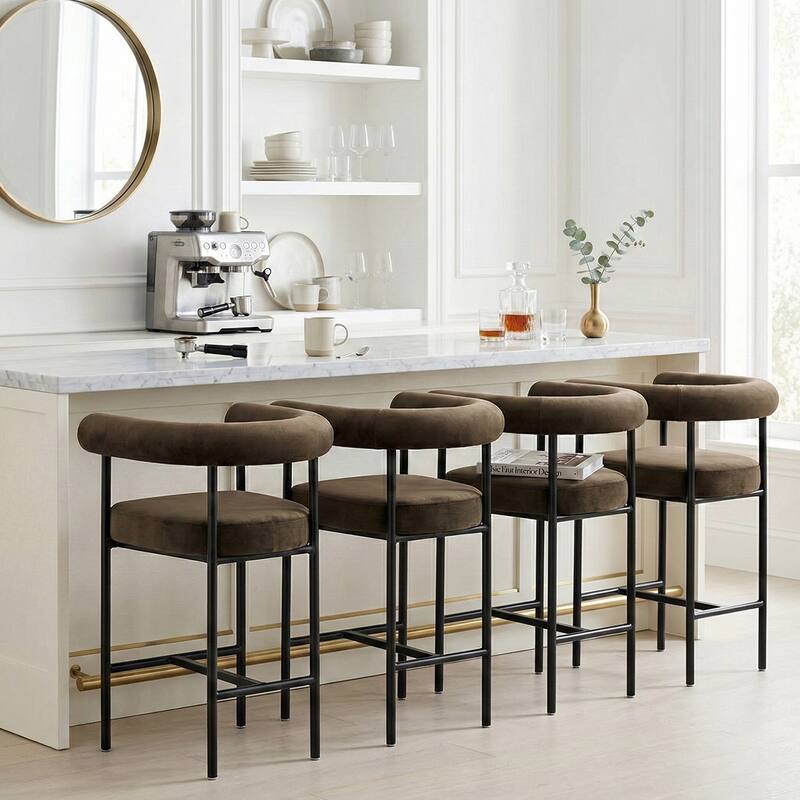 Modern 24" Upholstered Velvet Solid Back Counter Stool with Arms - Mink imitation-4-piece - Set of 4
