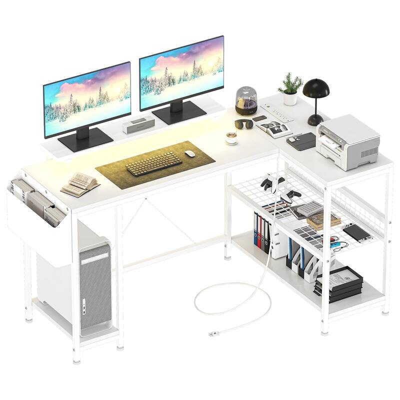 L Shaped Computer Desk with Power Outlets & LED Light, 49.6" Reversible Corner Computer Desk