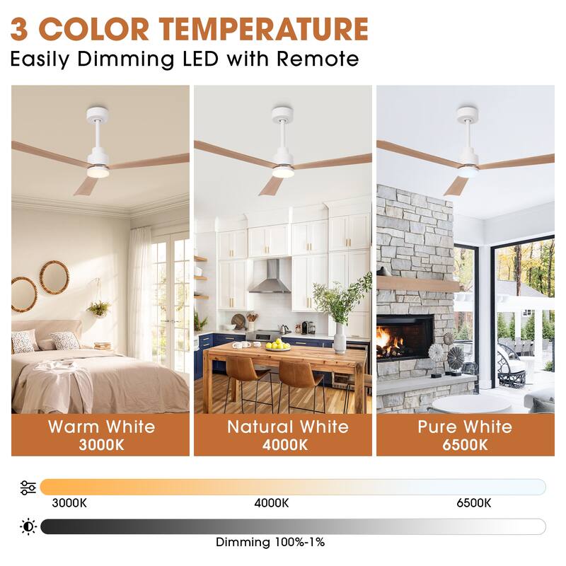 52" Farmhouse White ABS Integrated LED Indoor Ceiling Fan with Light and Remote
