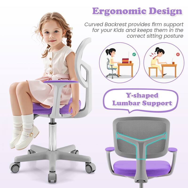 Kids Ergonomic Adjustable Height Study Chair with Swivel Seat and Mesh Backrest and Armrests