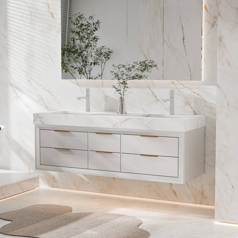 Modland 60" Modern Floating Bathroom Vanity with Double Sink, Soft-Close Drawers, White Stone Countertop