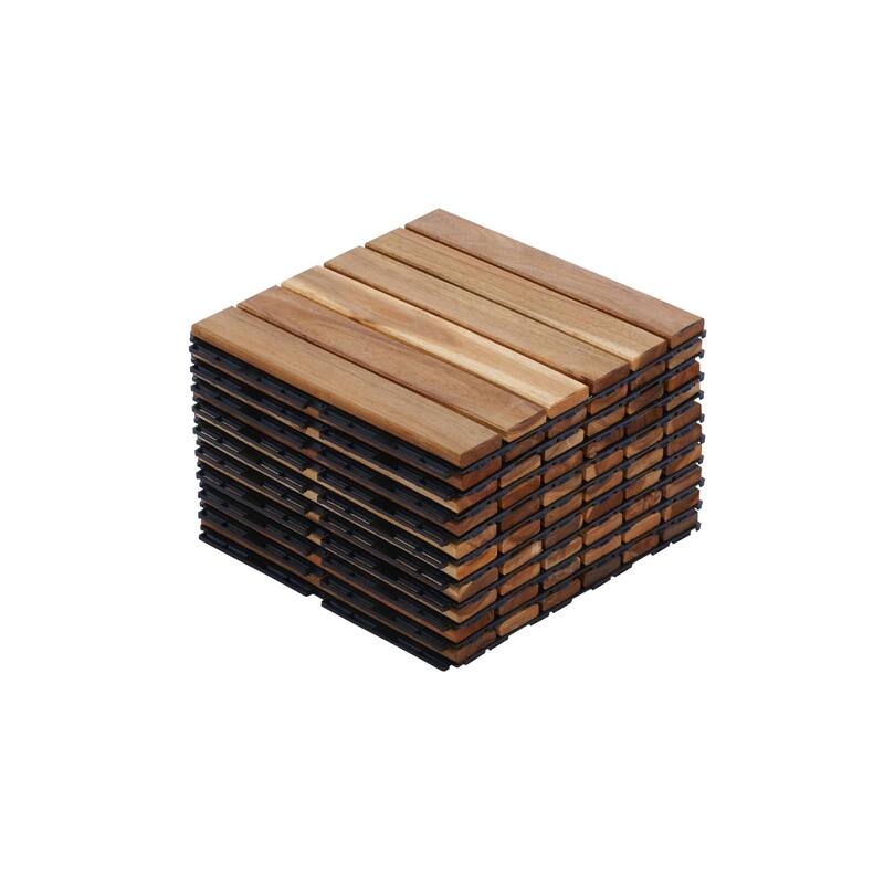 10 PCS Interlocking Deck Tiles Striped Pattern, 12" x 12" Square Acacia Hardwood Outdoor Flooring for Patio,Bancony,Pool Side - Yellow