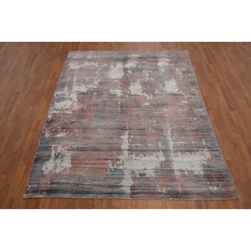 Hand Knotted Oriental Viscose Silk Carpet Modern Pictorial Multi-Colored Abstract Area Rug - 8' 4'' X 6' 7''