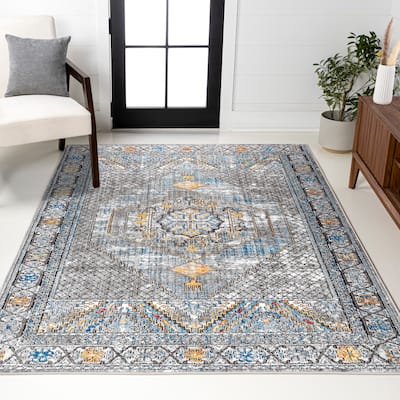 Izmit Geometric Vintage Medallion Gray/Mustard/Turquoise Area Rug