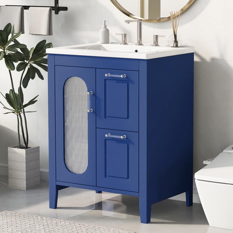 24" Bathroom Vanity with Ceramic Sink, Two Drawers and Door, Adjustable Shelf