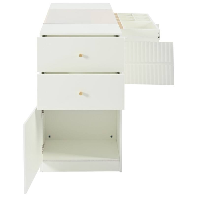 Modern Luxury Multi-Functional Island Vanity Dresser and Storage Cabinet with Glass Tabletop, Display Shelf and 6 Drawers