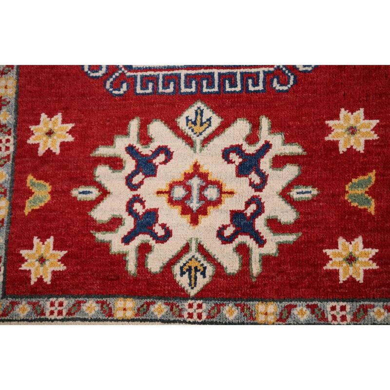 Red Geometric Kazak Foyer Rug Handmade Wool Carpet - 2'10" x 4'1"