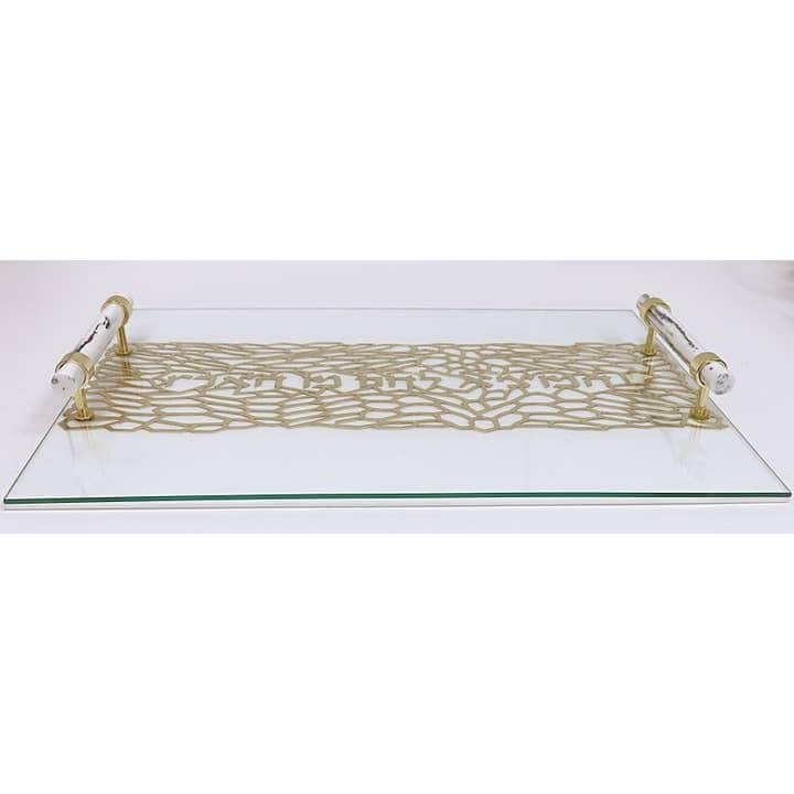 Acrylic Challah Tray with Cylinder Handles - 16"L - Gold/Marble Handles