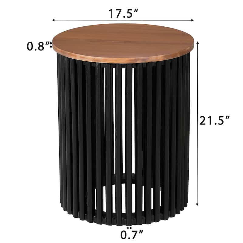 Roomfitters Round Table with Walnut Top and Vertical Slatted Black Base, Modern Accent Table, Walnut+Black