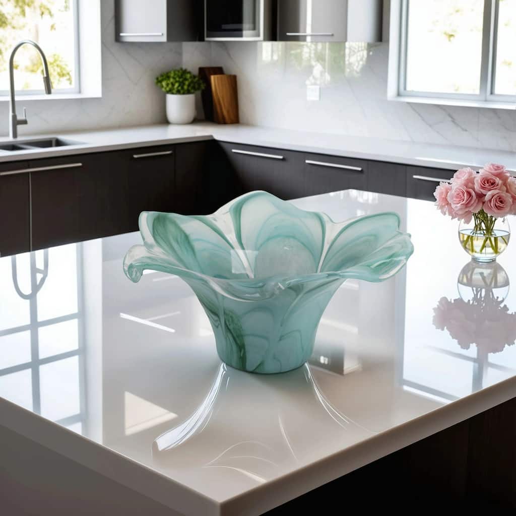 Swirl Flower-Shaped Glass Decorative Accent Bowl Home Decor -Blue