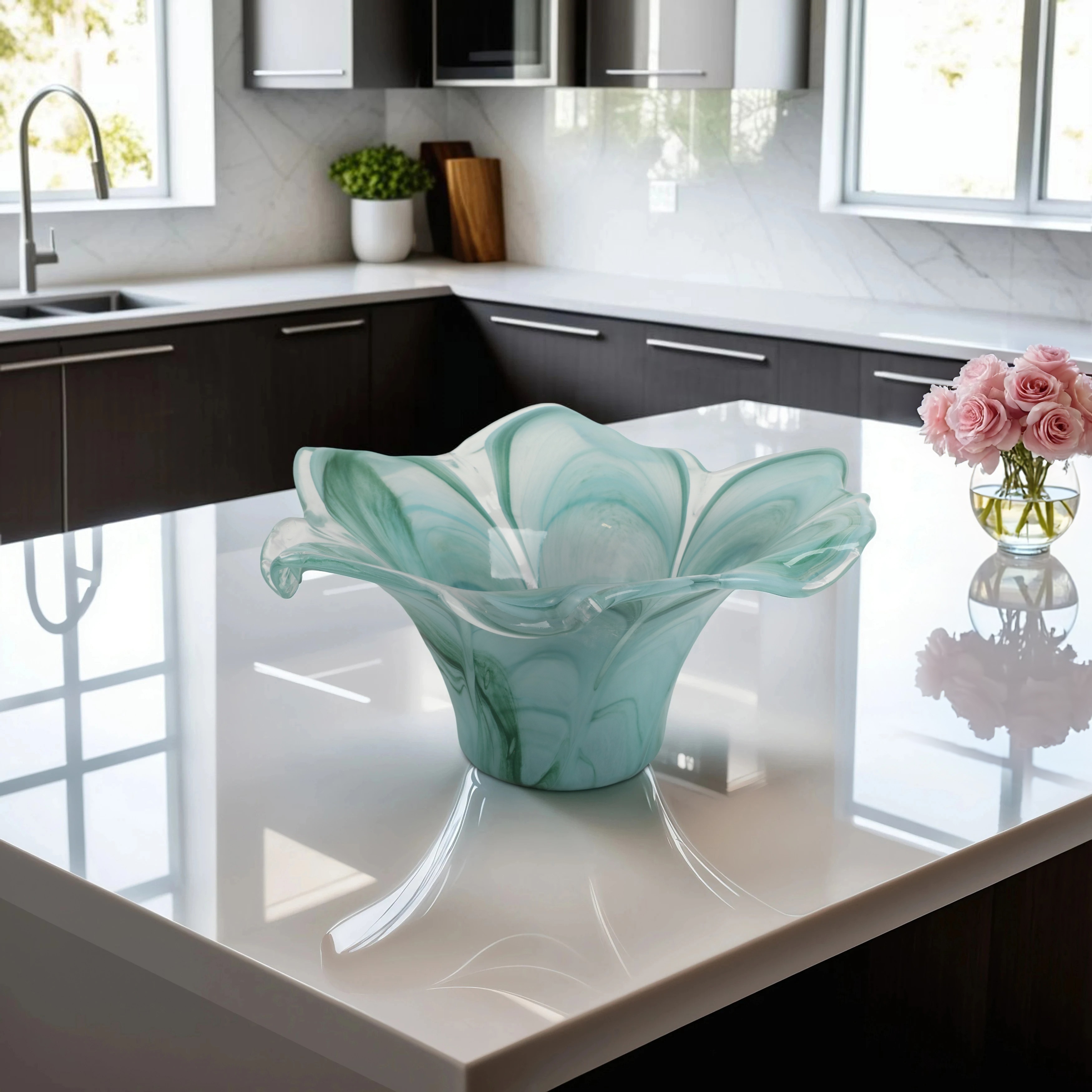 Swirl Flower-Shaped Glass Decorative Accent Bowl Home Decor -Blue