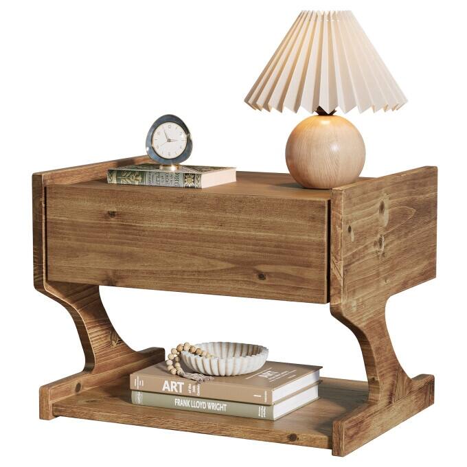 Solid Wood Floating Nightstand, Wall-Mounted Bedside Table with Drawer