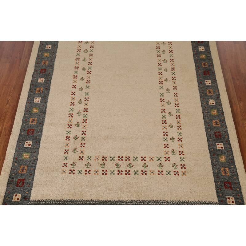 Geometric Beige Gabbeh Area Rug Hand-Tufted Wool Carpet - 5'3" x 7'7"