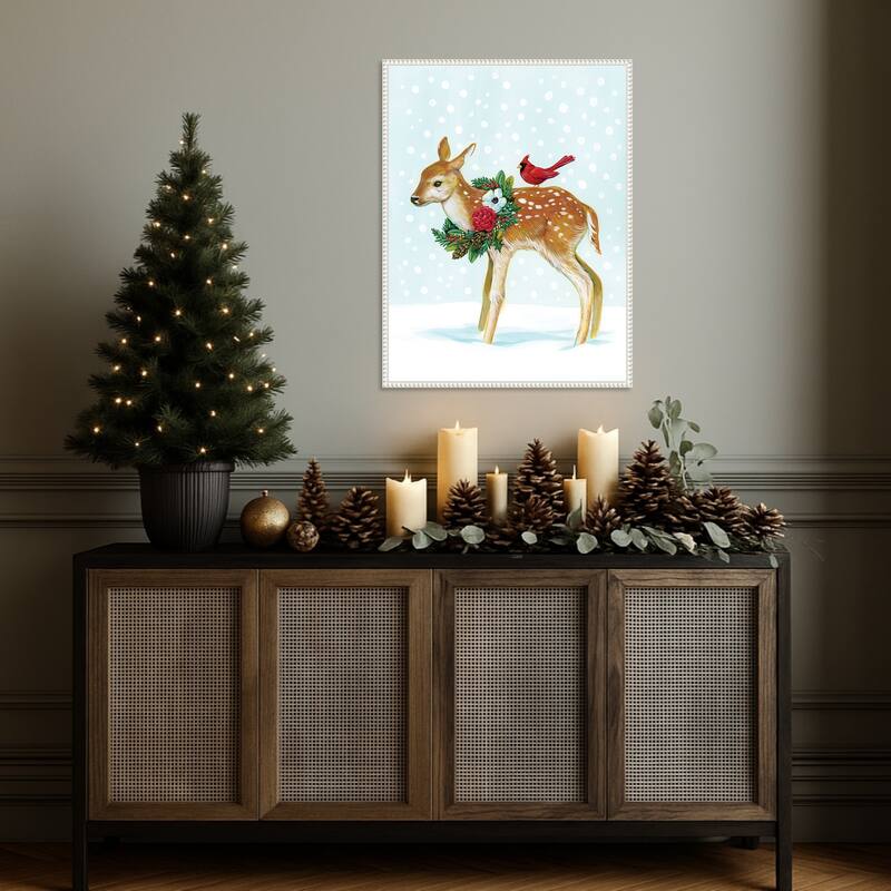 Winter Woodland Creatures with Cardinals II by Laura Marr (23 x 30 in.), Framed Canvas Wall Art Print - Sylvie Beaded White