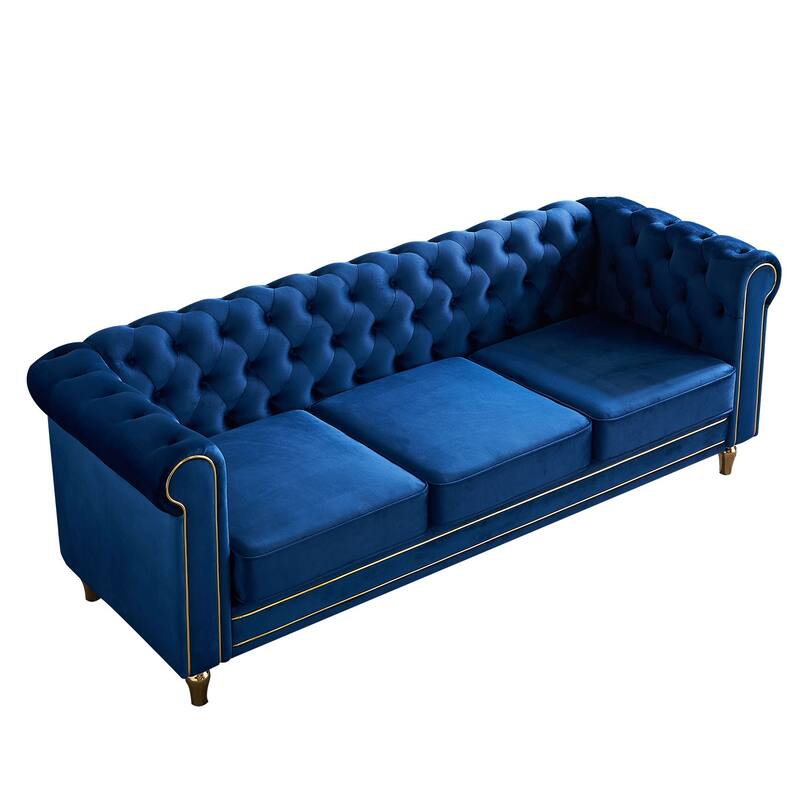 Velvet Chesterfield Sofa, 3-Seater with Rolled Arms, Tufted Back, Metal Legs for Living Room