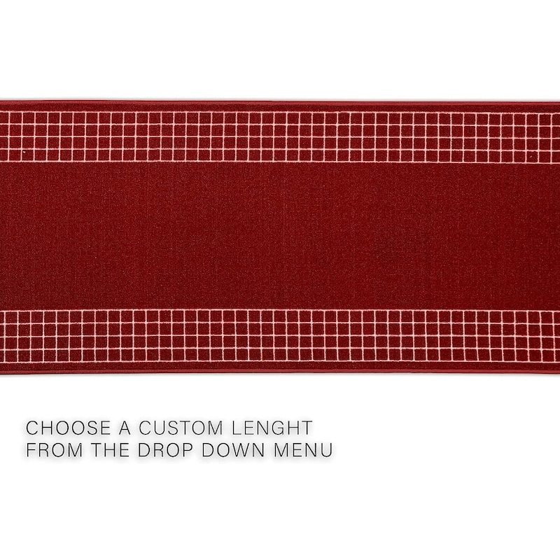 Custom Size Checkered Border Design Brown,Gray,Red Color Non-Slip Rubber Backing- 31 Inch WidexYour Choice of Length Runner Rug