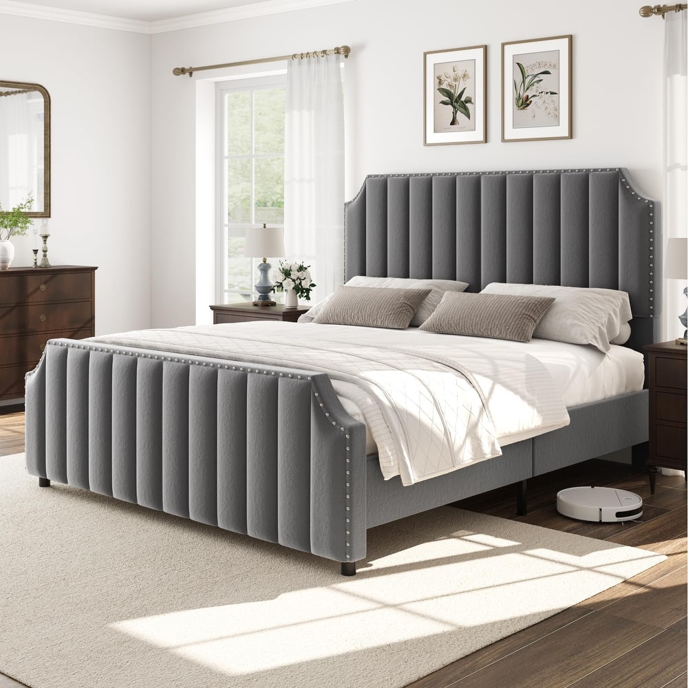 Velvet Upholstered Bed Frame with Headboard and Footboard