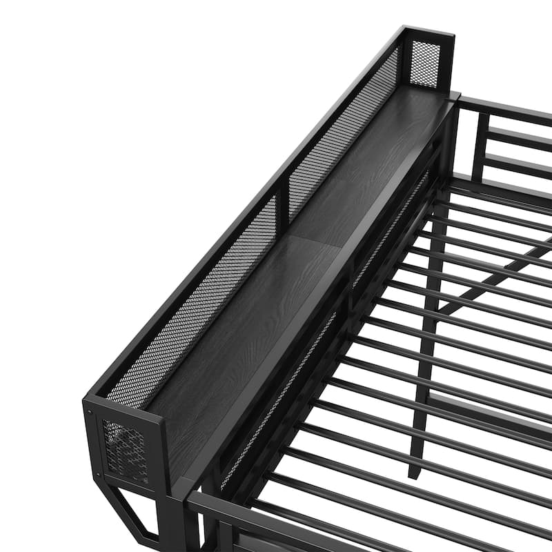 Metal Loft Bed with Wooden Stairs Built-in Storage Shelves and Wardrobe, High Loft Bed Frame with Side Grid Storage Rack