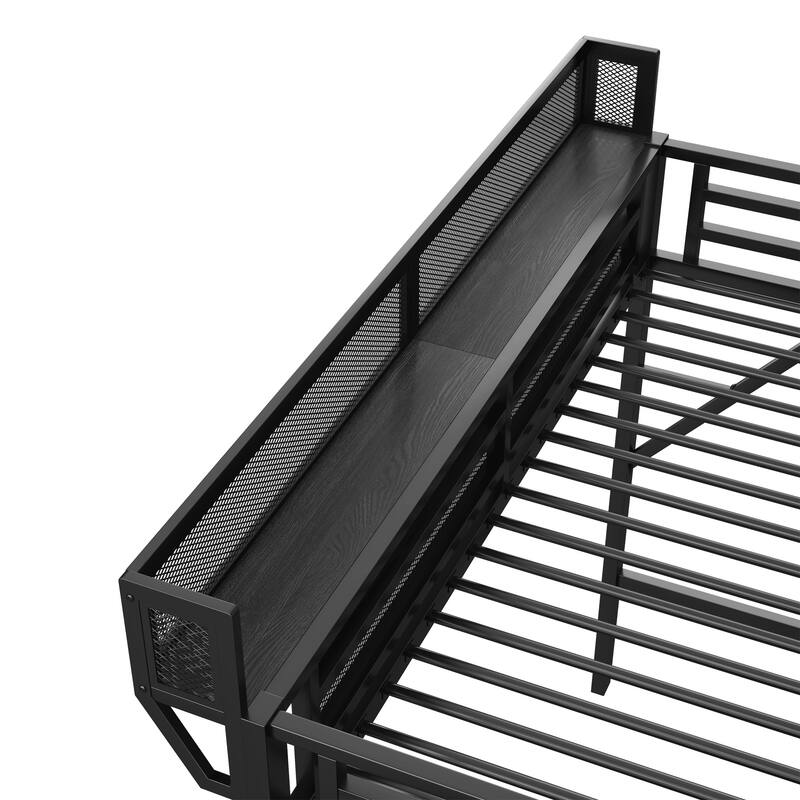 Twin XL Size Loft Bed with Stairs, Metal Full Loft Bed with Storage Shelves, High Loft Bed with Wardrobe for Kids Teens