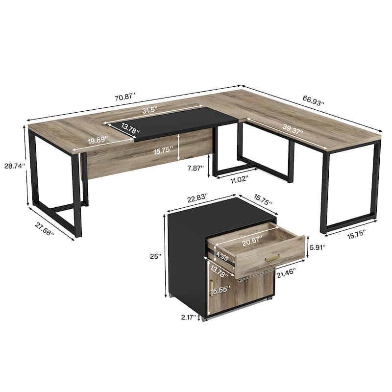 70.8’’ Executive Desk with File Cabinet, Large L-Shaped Office Executive Desk Computer Desk