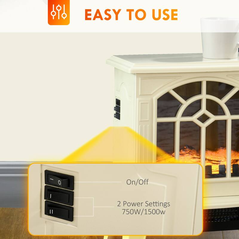 18" Cream White Electric Fireplace Heater with LED Flames, Overheat Protection, 750W/1500W