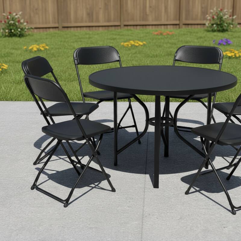 Set of Six Black Metal Outdoor Folding Stacking Dining Chairs - Black
