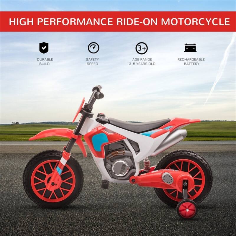 Kids Ride-On Motorcycle 12V with Rechargeable Battery and Dual Shock Removable Training Wheels - 42"L x 20.25"W x 26.75"H