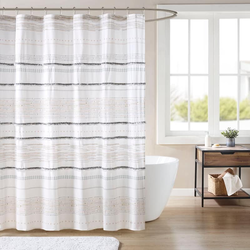 Cotton Printed Shower Curtain with Trims - Off White+Gray