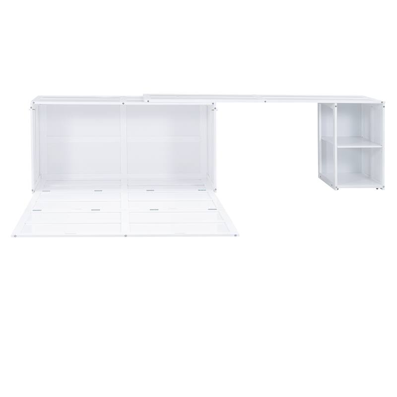 White Queen Murphy Bed with Rotating Desk and Shelves - Pine Wood and MDF Space-Saving Design