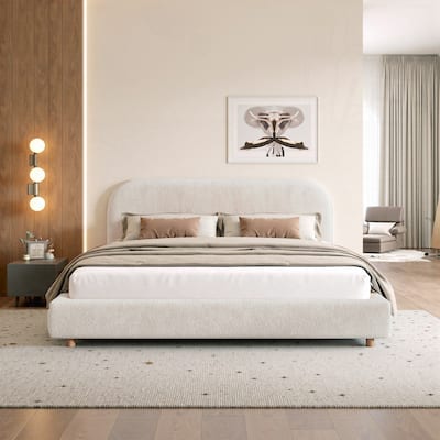 Boucle Fabric Upholstered Platform Bed with Curve-Shaped Design Headboard