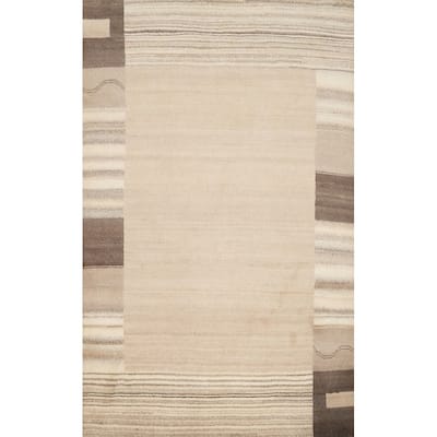 Hand Knotted Oriental 100% Wool Carpet Modern Geometric Beige & Ivories Gabbeh Area Rug - 7' 10'' X 5' 9''