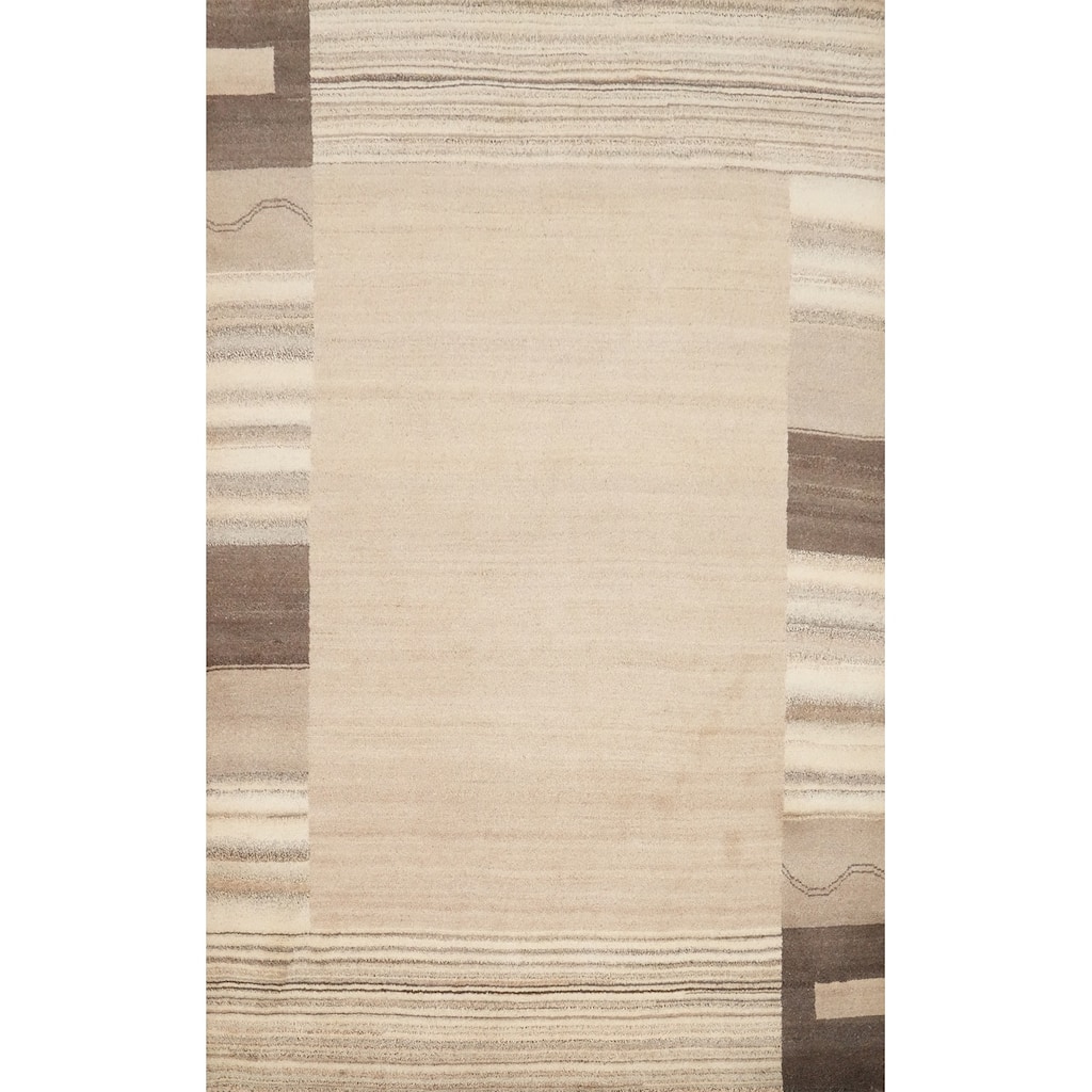 Hand Knotted Oriental 100% Wool Carpet Modern Geometric Beige & Ivories Gabbeh Area Rug - 7' 10'' X 5' 9''