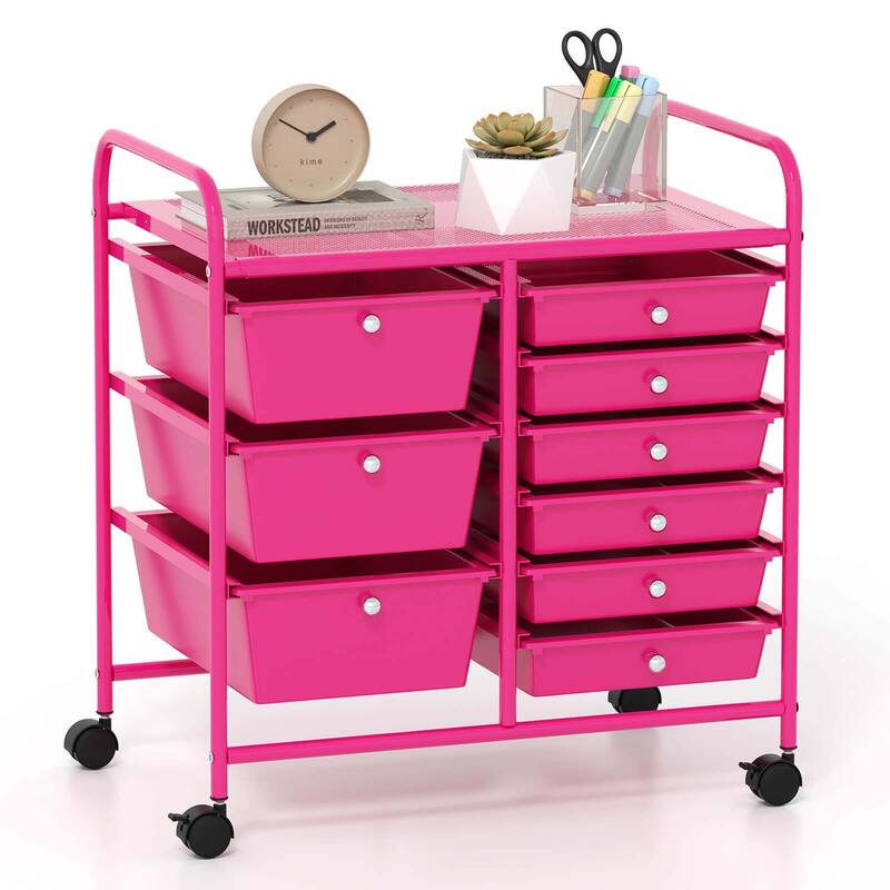 9 Drawer Rolling Storage Cart Mobile Drawer Carts Utility Cart - Hot Pink