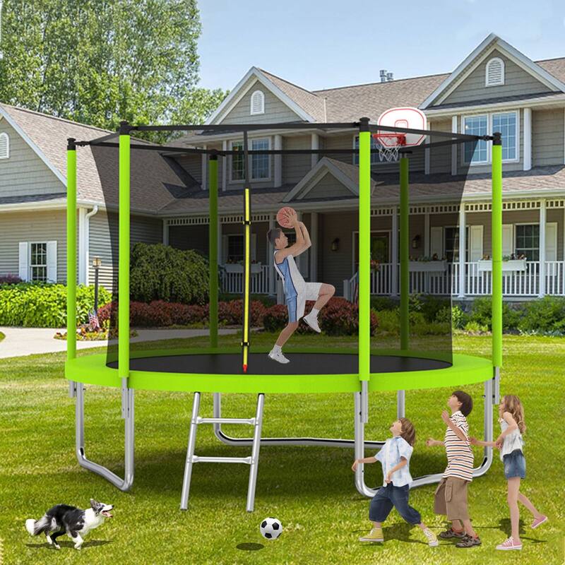 Outdoor Kids Trampoline with Basketball Hoop and Ladder, with Safety Enclosure for Backyard Fun