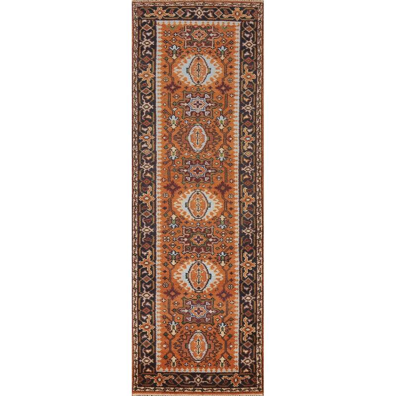 Geometric Orange Kazak Indian Runner Rug Handmade Wool Carpet - 2'7"x 9'11"