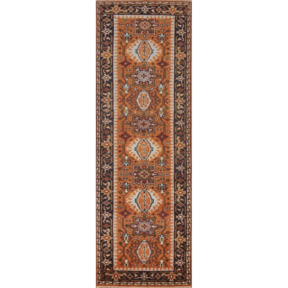 Geometric Orange Kazak Indian Runner Rug Handmade Wool Carpet - 2'7"x 9'11"