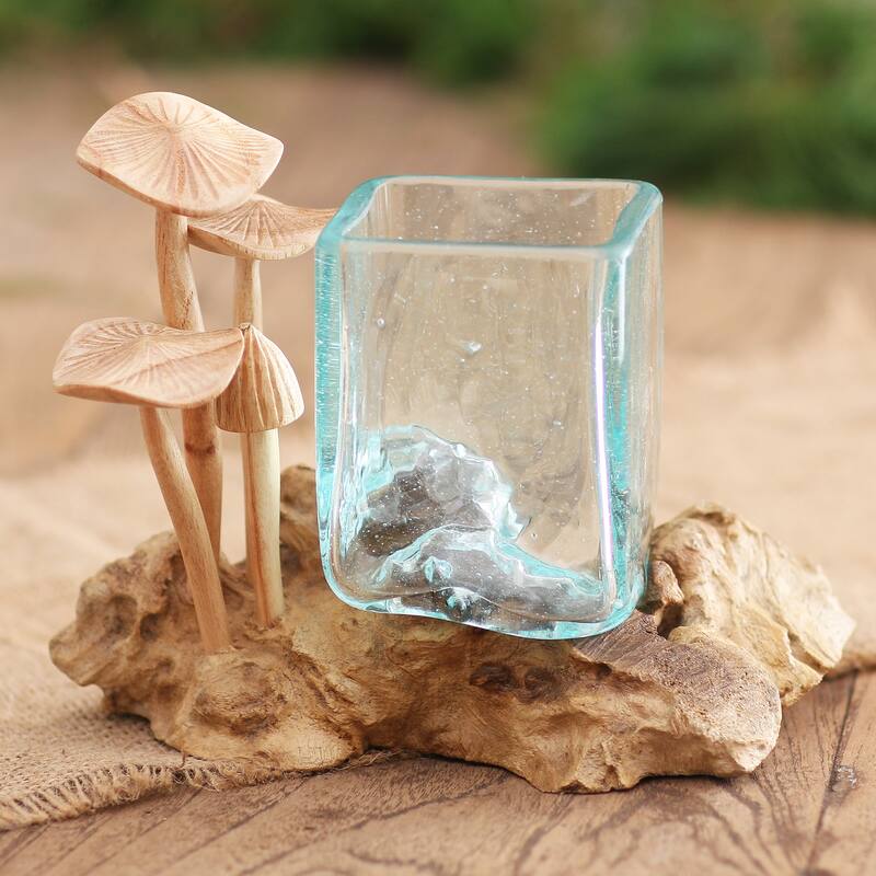 Novica Handmade Mushroom Patch Wood And Glass Sculpture
