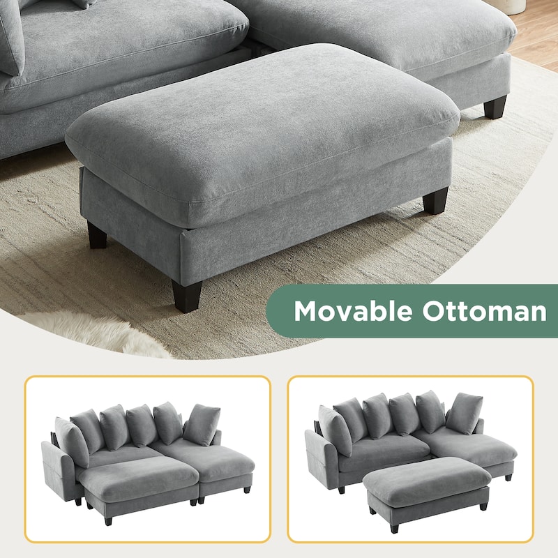 83" L-Shaped Sectional Sofa with Storage Seats Movable Ottoman Curved Armrests Chenille Couch with 6 Pillows
