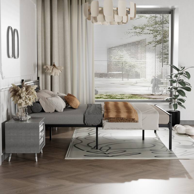 Javlergo Metal Bed Frame with PU Upholstered Headboard, No Box Spring Needed