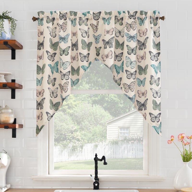 No. 918 Magdalena Crushed Voile Sheer Rod Pocket Kitchen Curtain Swag Pair - 56" x 38" - 56" x 38" - 56" x 38" - Blue