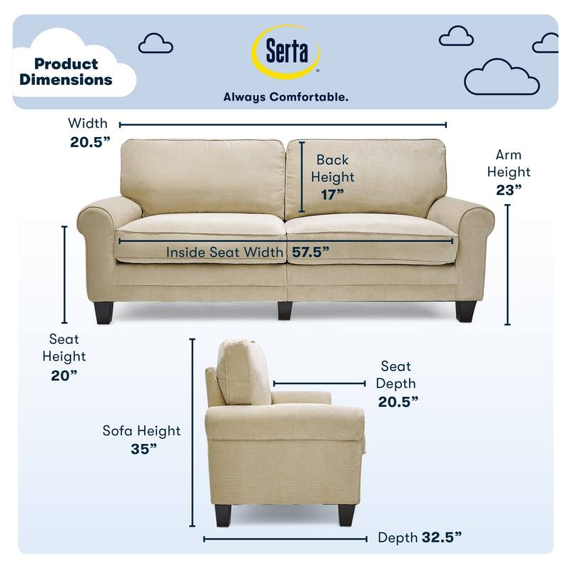 Serta Copenhagen 73" Sofa Couch for Two People, Pillowed Back Cushions and Rounded Arms, Durable Modern Upholstered Fabric