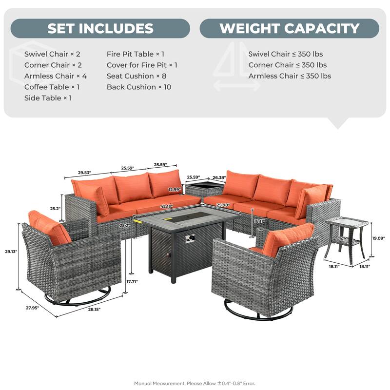 HOOOWOOO 11-piece Rattan Wicker Outdoor Furniture Set Swivel Chairs with Fire Pit