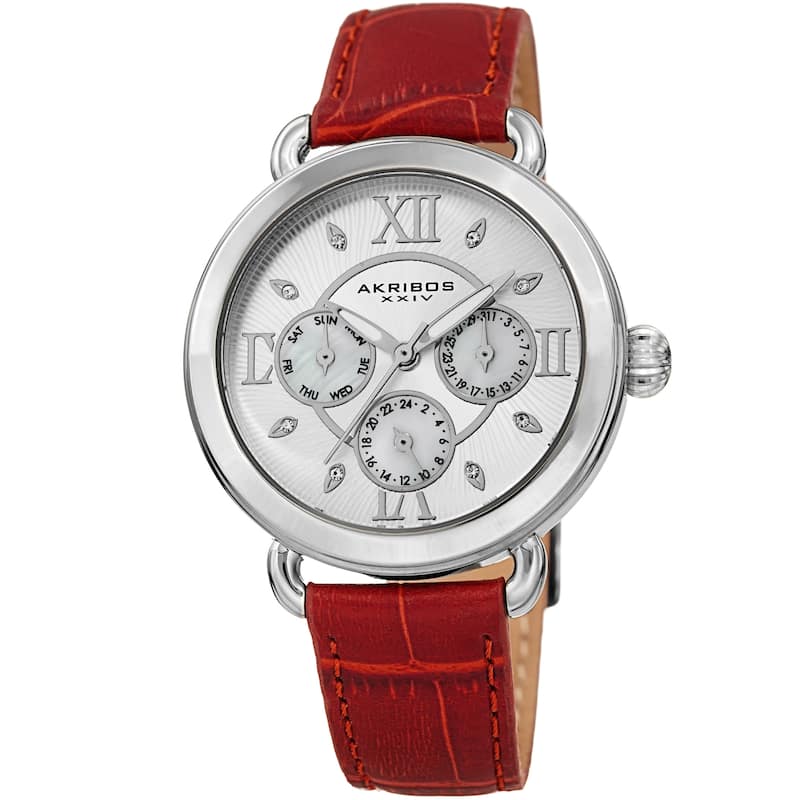 Akribos XXIV Ladies Date Swarovski Crystal Vintage Style Red Leather Strap Watch
